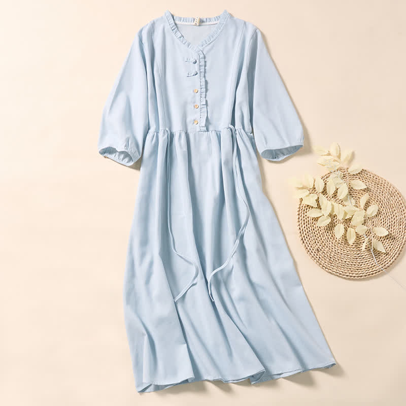 Buddha Stones Summer Commute Pleated Design Buttons Short Sleeve Cotton Midi Dress