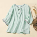 Buddha Stones Summer V-Neck Embroidery Lines Lace-up Cotton Women's Half Sleeve Shirt