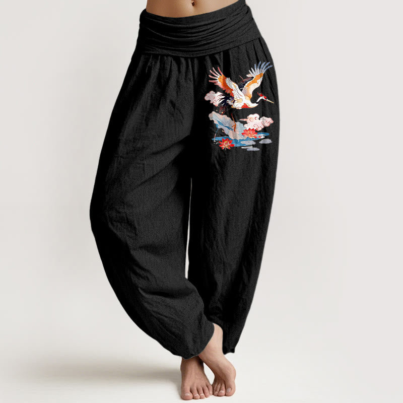 1772606347_cda63c17-6528-4b27-be92-fef934e6133a Buddha Stones Pure Cotton Colourful Crane Lotus Leaf Flower Cloud Pattern Women's Elastic Waist Harem Pants - Image 1