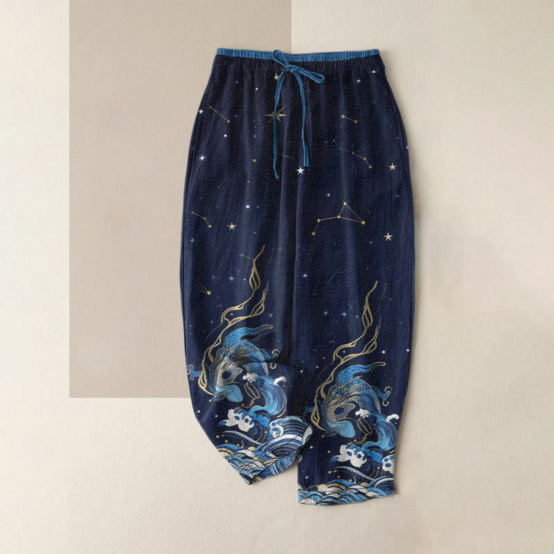 1773373280_1aa4a570-4839-46b4-95e9-5e688f1c3d4f.jpg Buddha Stones Pure Cotton Starry Sky Ocean Mythical Beast Pattern Women's Elastic Waist Pants With Pockets