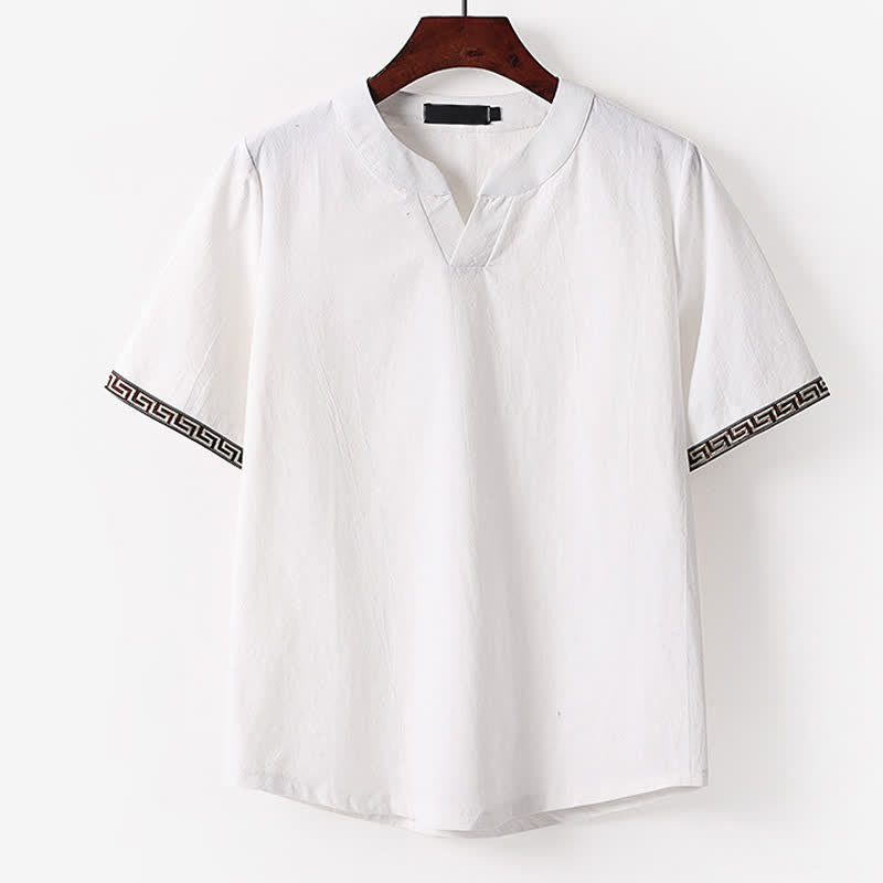 Buddha Stones Summer Embroidered Short Sleeve Notched Collar Men's Cotton Linen T-Shirt