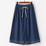 Buddha Stones Summer Embroidery Capri Length Cotton Linen Men's Wide Leg Pants With Pockets