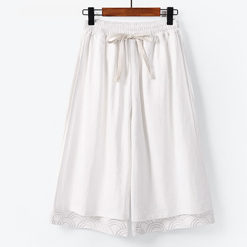 Buddha Stones Summer Embroidery Capri Length Cotton Linen Men's Wide Leg Pants With Pockets