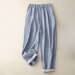 Buddha Stones Summer Plain Elastic Waist Two-tone Cuffs Cropped Women's Tapered Pants With Pockets