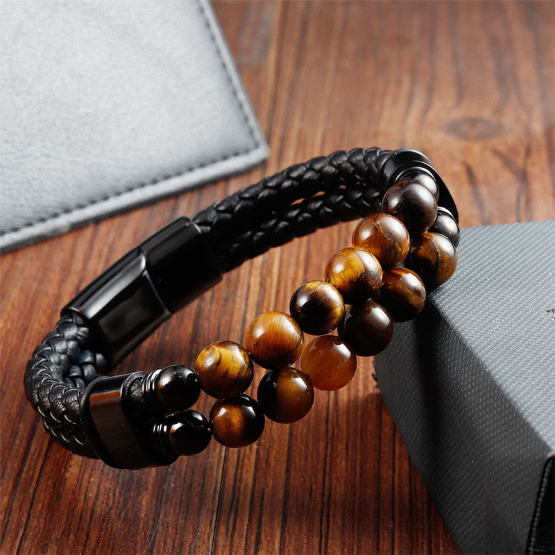 Buddha Stones Tiger Eye Double Wrap Braided Leather Protection Bracelet