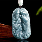 Buddha Stones Natural Jade Carving Double Koi Fish Rope Prosperity Necklace Pendant