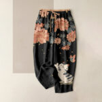 Buddha Stones Pure Cotton Cat Butterfly Pink Blossom Pattern Women's Elastic Waist Pants With Pockets