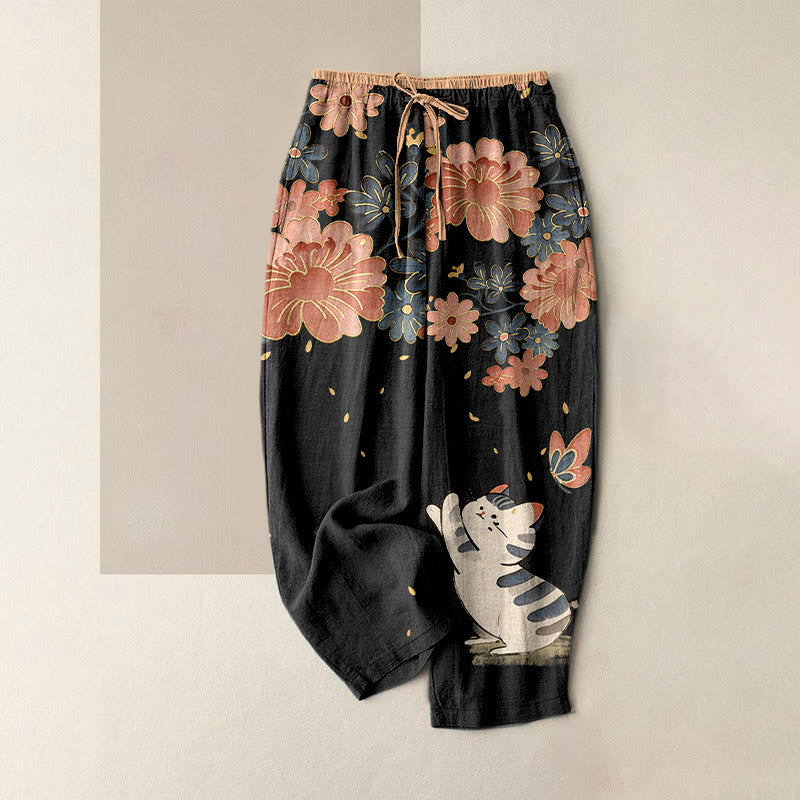 1774419640_1 Buddha Stones Pure Cotton Cat Butterfly Pink Blossom Pattern Women's Elastic Waist Pants With Pockets - Image 1