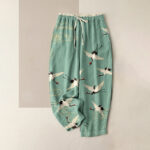 Buddha Stones Pure Cotton Crane Cloud Pattern Women's Elastic Waist Pants With Pockets