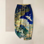 Buddha Stones Pure Cotton Crane Cloud Mountain Pattern Women's Elastic Waist Pants With Pockets