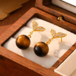 Buddha Stones Tiger Eye Round Bead Fish Tail Irregular Design Protection Earrings