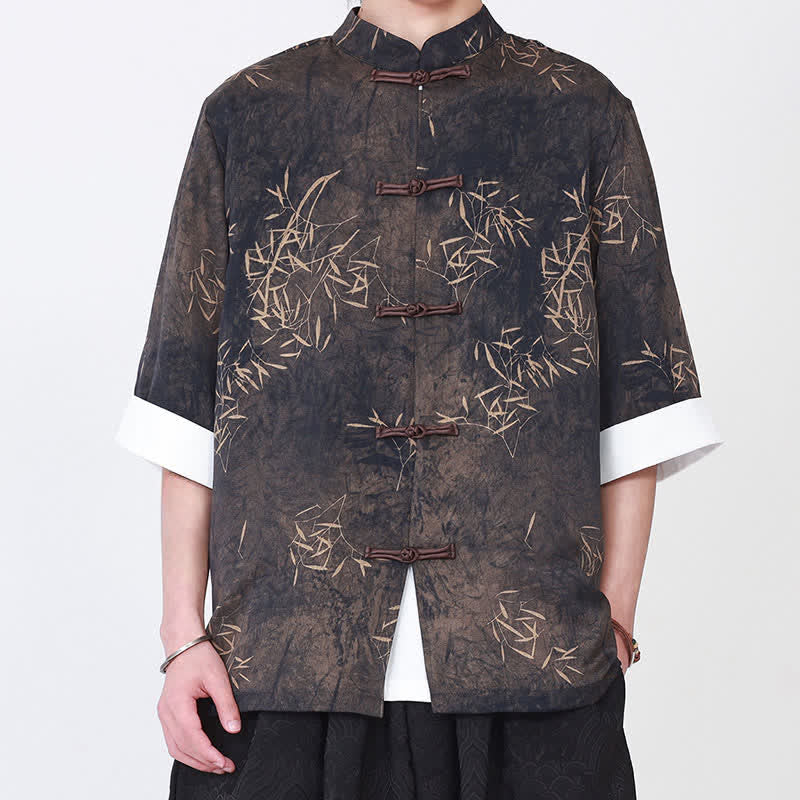 Buddha Stones Summer Bamboo Print Mandarin Collar Frog Buttons Men's Elbow-Length Sleeve Shirt