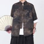 Buddha Stones Summer Bamboo Print Mandarin Collar Frog Buttons Men's Elbow-Length Sleeve Shirt