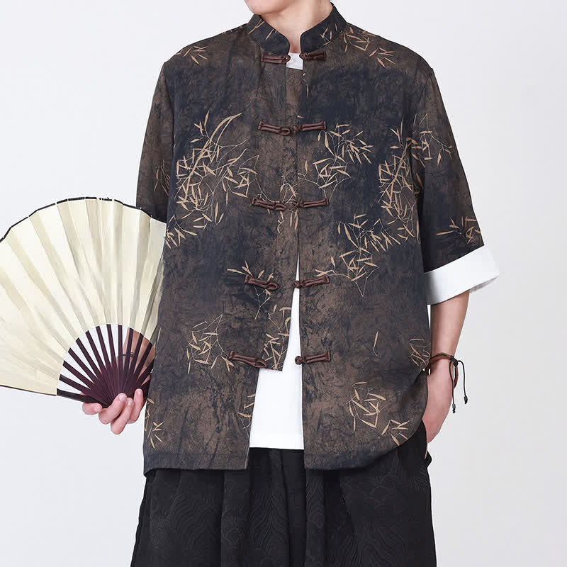 Buddha Stones Summer Bamboo Print Mandarin Collar Frog Buttons Men's Elbow-Length Sleeve Shirt