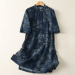 Buddha Stones Stand Collar Frog-Button Floral Print Pattern Short Sleeve Mini Dress