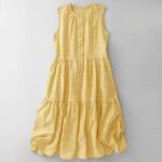 Buddha Stones Crew Neck Sleeveless Plaid Summer Cotton Knee Length Dress