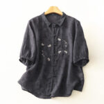 Buddha Stones Stand Collar Embroidery Button Design Three Quarter Sleeve Summer Women's Shirt