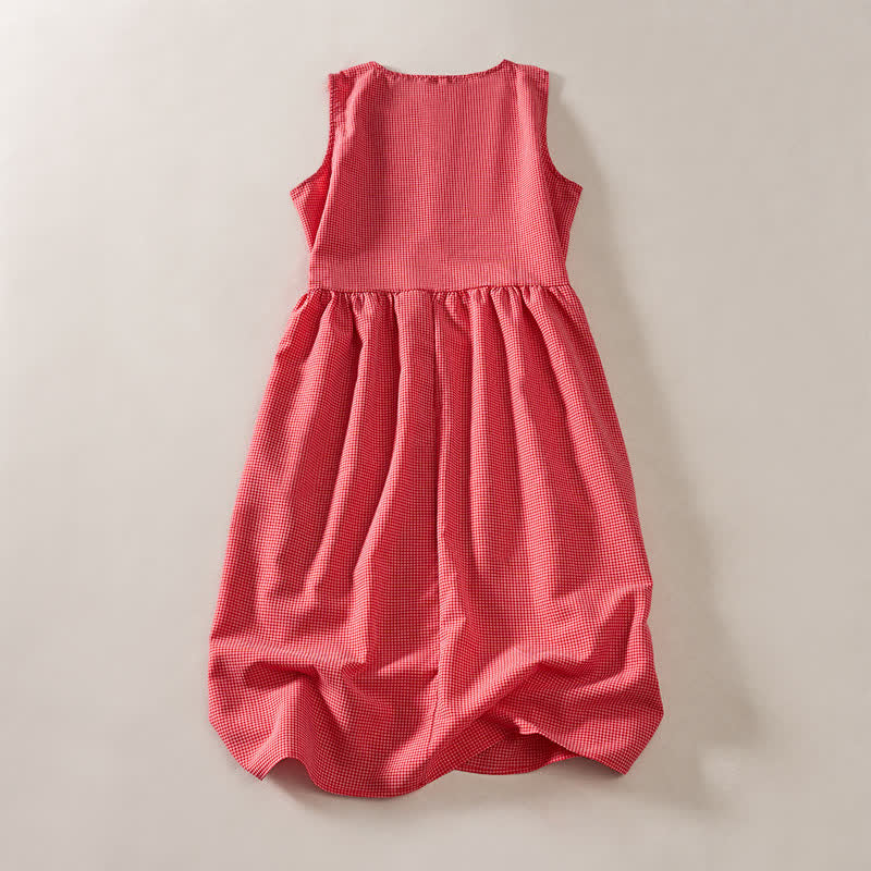 Buddha Stones Summer Coral Gingham Sleeveless A Line Vacation Casual Knee Length Dress With Pockets