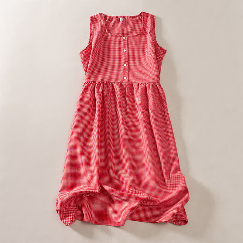 Buddha Stones Summer Coral Gingham Sleeveless A Line Vacation Casual Knee Length Dress With Pockets