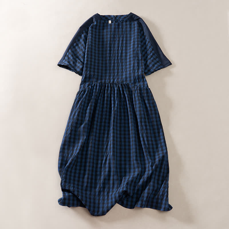 Buddha Stones Summer MidnightBlue Checked A-line Pleated Crew Neck Knee Length Women's Short Sleeve Dress