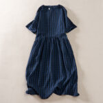 Buddha Stones Summer MidnightBlue Checked A-line Pleated Crew Neck Knee Length Women's Short Sleeve Dress