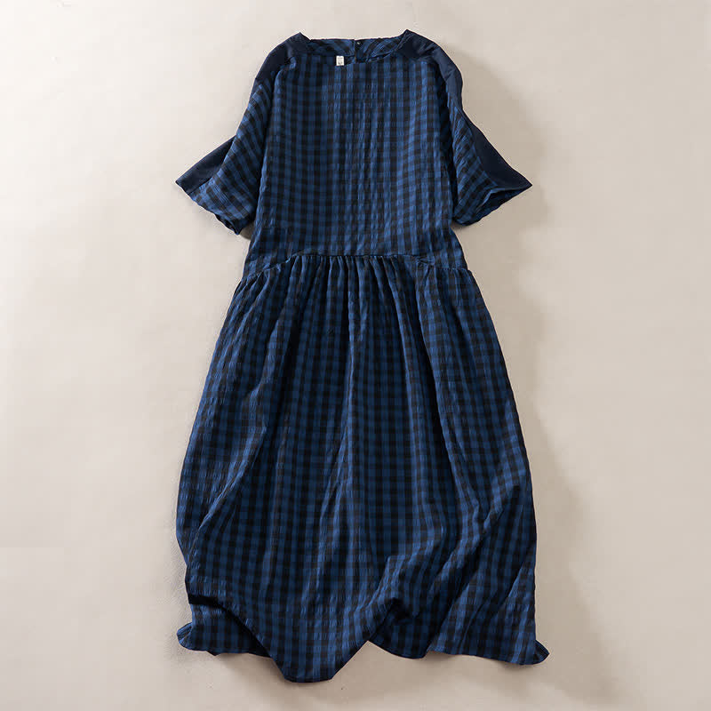 Buddha Stones Summer MidnightBlue Checked A-line Pleated Crew Neck Knee Length Women's Short Sleeve Dress