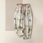 Buddha Stones Pure Cotton Butterfly Flowers Pattern Print Women's Pants With Pockets
