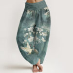 Buddha Stones Crane Blooming Flowers High Waist Women's Harem Pure Cotton Pants