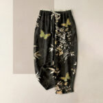 Buddha Stones Pure Cotton Butterfly leaves Flowers Pattern Drawstring Colorful Women's Pants With Pockets