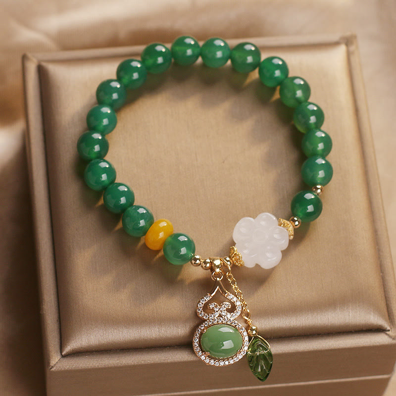 Buddha Stones Green Agate White Jade Flower Gourd Leaf Charm Support Bracelet