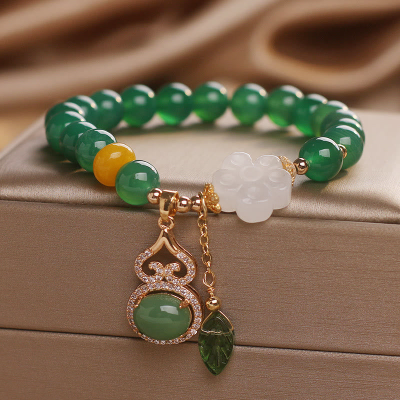 Buddha Stones Green Agate White Jade Flower Gourd Leaf Charm Support Bracelet