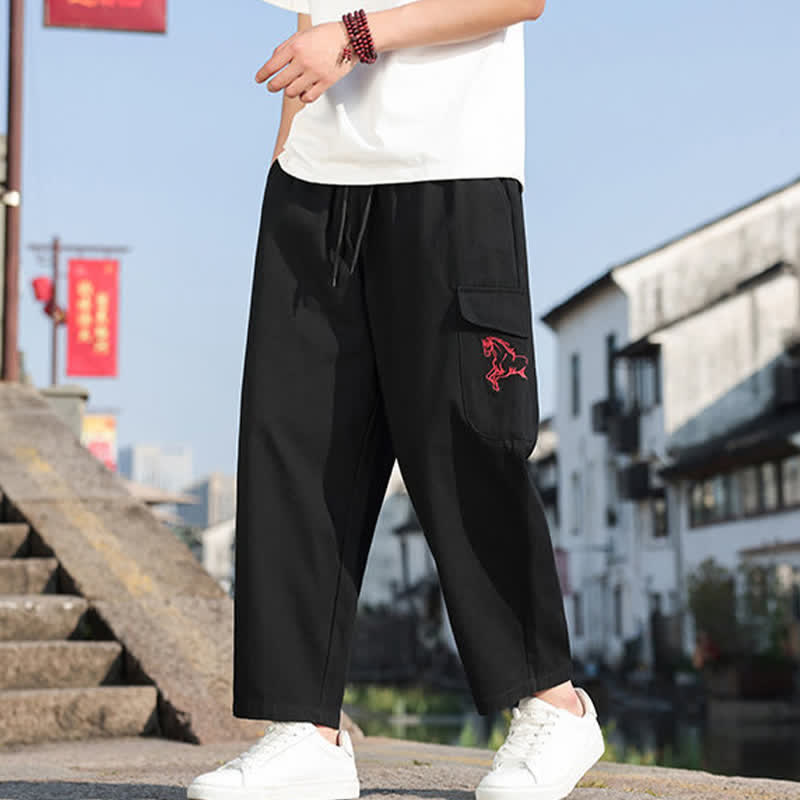 Buddha Stones Summer Casual Drawstring Embroidery Men's Harem Pants With Pockets