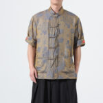 Buddha Stones Summer Tang Style Mandarin Collar Floral Jacquard Men's Short Sleeve Shirt With Pockets
