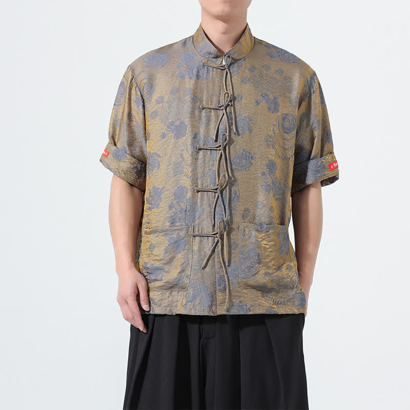 Buddha Stones Summer Tang Style Mandarin Collar Floral Jacquard Men's Short Sleeve Shirt With Pockets