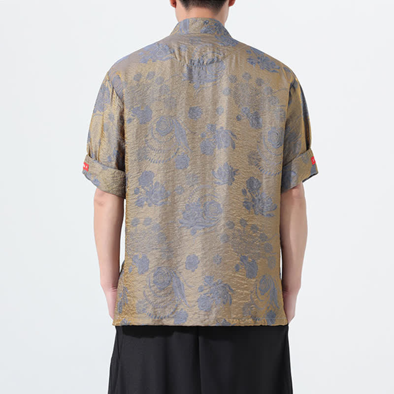 Buddha Stones Summer Tang Style Mandarin Collar Floral Jacquard Men's Short Sleeve Shirt With Pockets