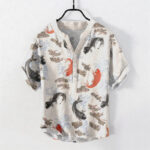 Buddha Stones Cotton Koi Fish Water Wave Pattern Men's Short Sleeve Half Button Shirt