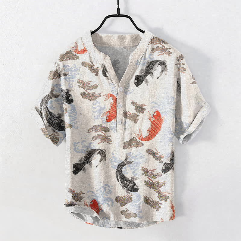 Buddha Stones Cotton Koi Fish Water Wave Pattern Men's Short Sleeve Half Button Shirt