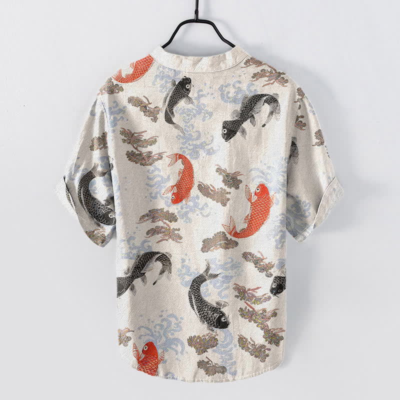 Buddha Stones Cotton Koi Fish Water Wave Pattern Men's Short Sleeve Half Button Shirt