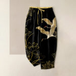Buddha Stones Pure Cotton Crane Lotus Pattern Women's Elastic Waist Pants With Pockets