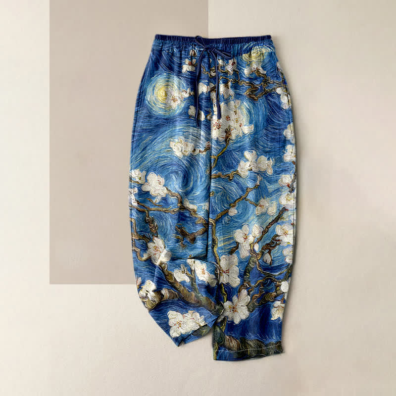 1775633149_f09ff859-dcc8-4c1b-a1d7-4b76c6a96cc0.jpg Buddha Stones Van Gogh Starry Sky Almond Blossom Pattern Women's Elastic Waist Pants With Pockets