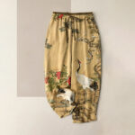 Buddha Stones Pure Cotton Crane Pine Pattern Women's Elastic Waist Pants With Pockets