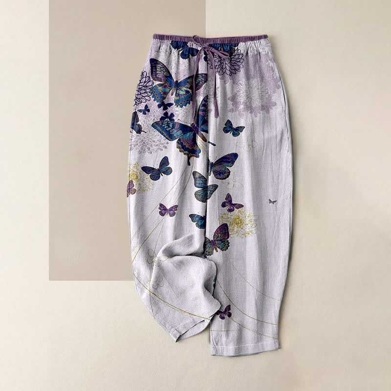 Buddha Stones Pure Cotton Bohemian Butterfly Floral Pattern Women's Elastic Waist Pants With Pockets