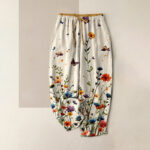 Buddha Stones Pure Cotton Bohemian Floral Butterfly Pattern Women's Elastic Waist Pants With Pockets