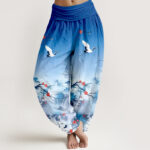 Buddha Stones Pure Cotton Blue Ombre Crane Blossom Pattern Women's Elastic Waist Harem Pants