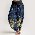 Buddha Stones Pure Cotton Celestial Galaxy Butterfly Pattern Women's Elastic Waist Harem Pants