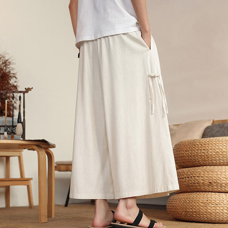 Buddha Stones Summer Solid Men's Elastic Waist Wide Leg Pants With Pockets