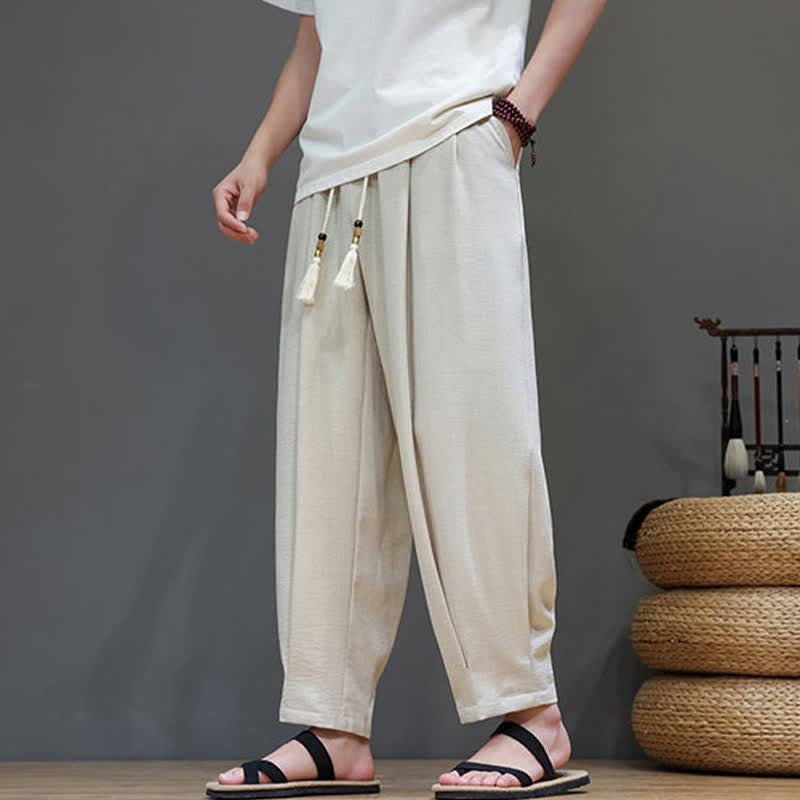 Buddha Stones Summer Minimalist Solid Men's Elastic Waist Tapered Pants With Pockets