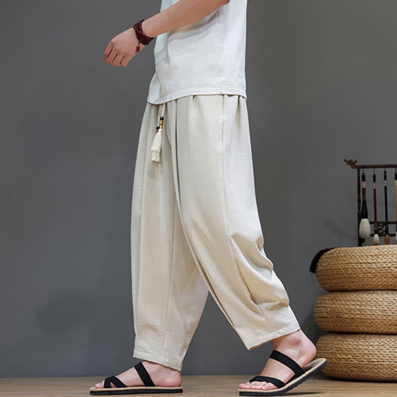Buddha Stones Summer Minimalist Solid Men's Elastic Waist Tapered Pants With Pockets