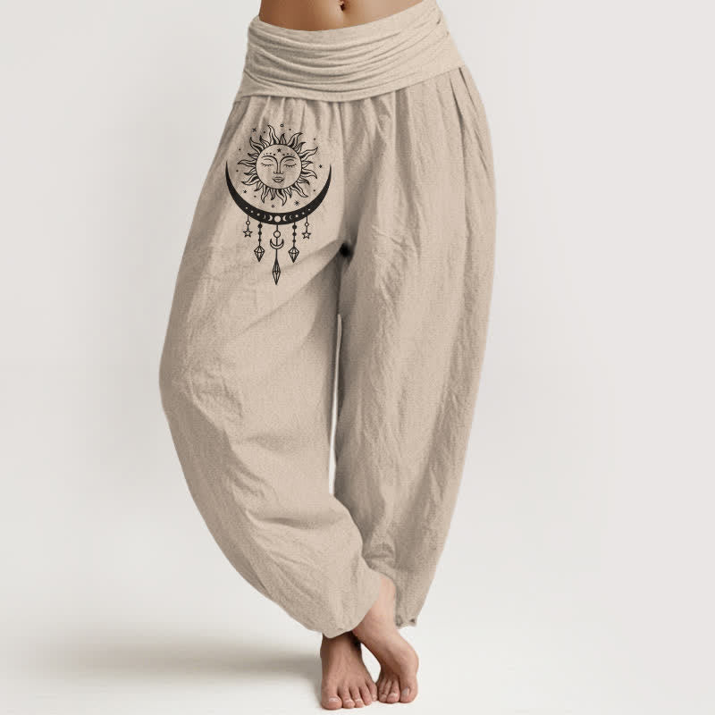 Buddha Stones Pure Cotton Sun Moon Star Tassel Pattern Women's Elastic Waist Harem Pants
