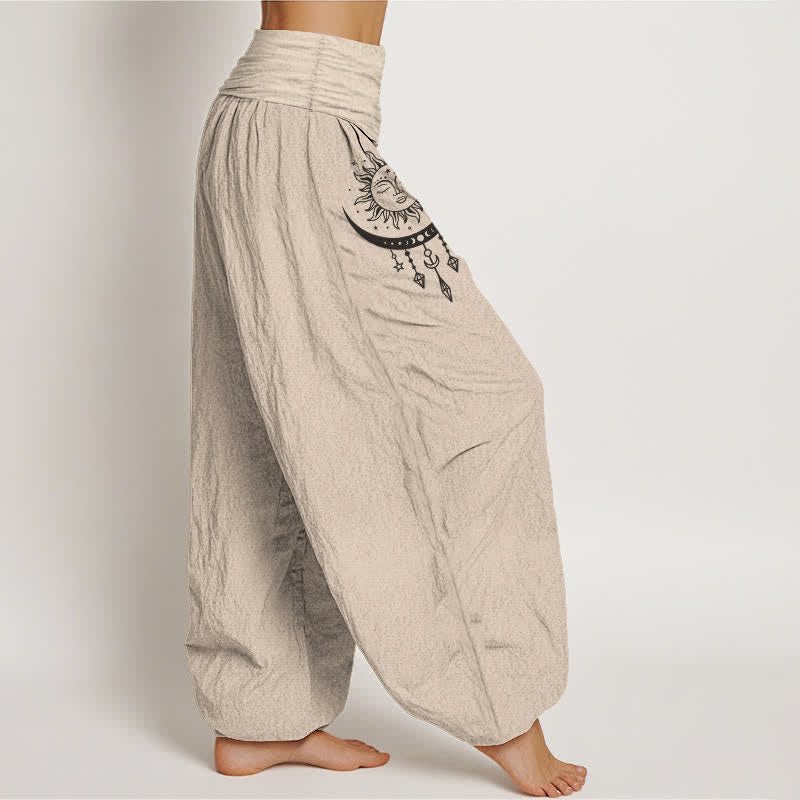 Buddha Stones Pure Cotton Sun Moon Star Tassel Pattern Women's Elastic Waist Harem Pants